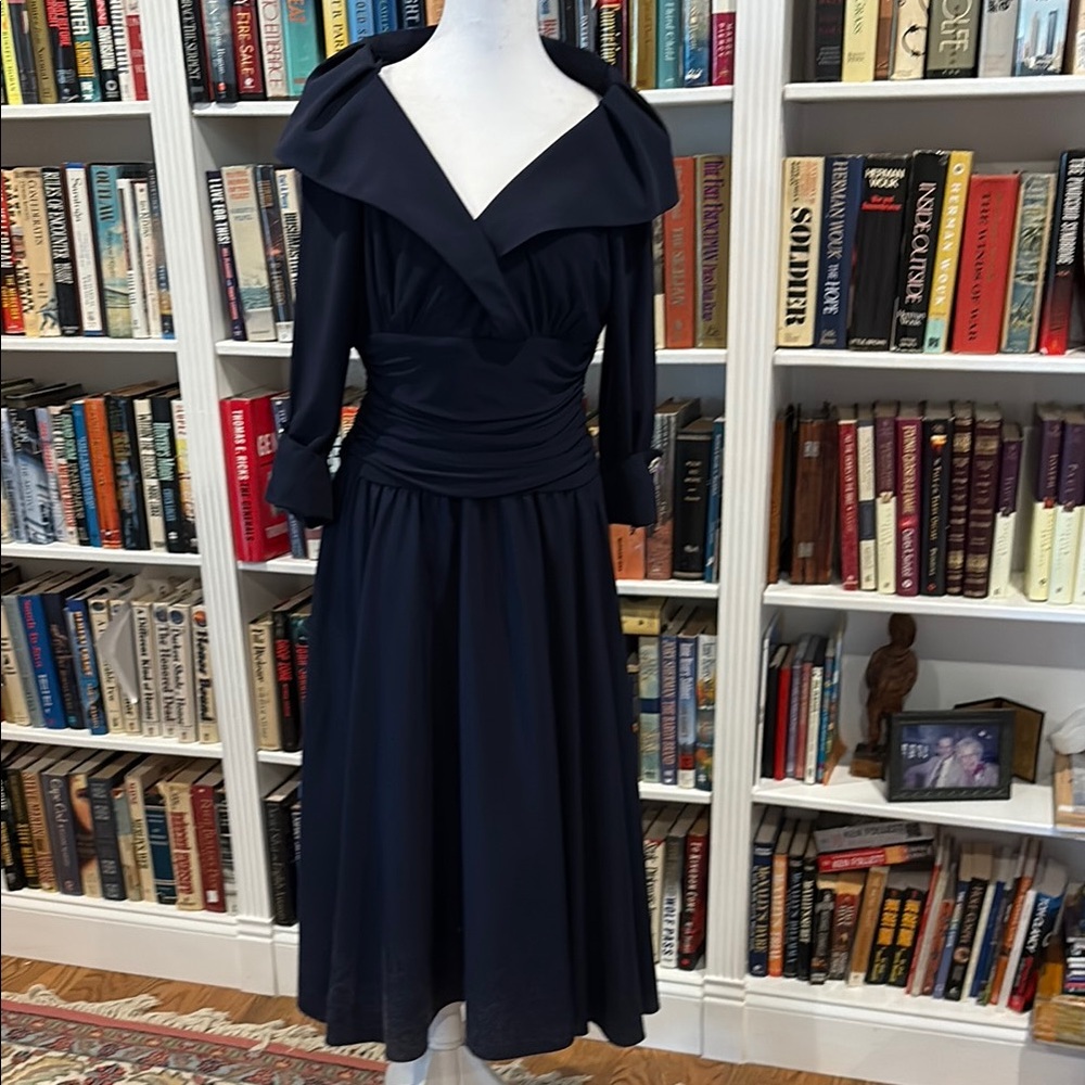 Jessica Howard Blue Ruched Asymmetrical 3/4 length, french cuff Sleeve Dress